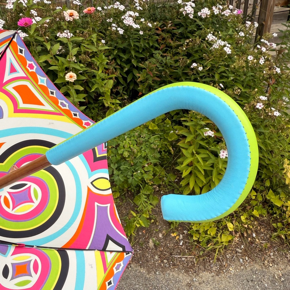 Rare 2000s Emilio Pucci Multicolor Geometric Umbrella With Wood & Leather Handle - Picture 7 of 13